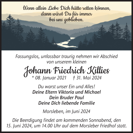 Traueranzeige von Johann Friedrich Killies von Volksstimme Oschersleben/Wanzleben