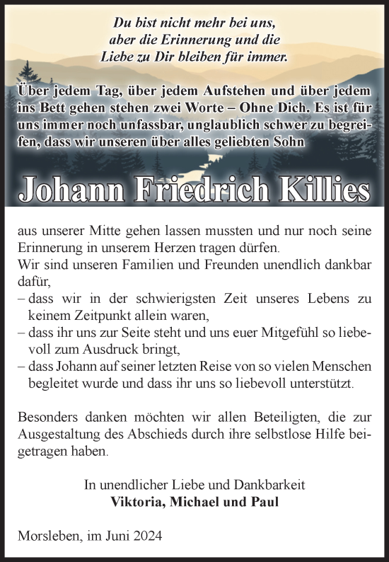 Traueranzeige von Johann Friedrich Killies von Volksstimme Oschersleben/Wanzleben