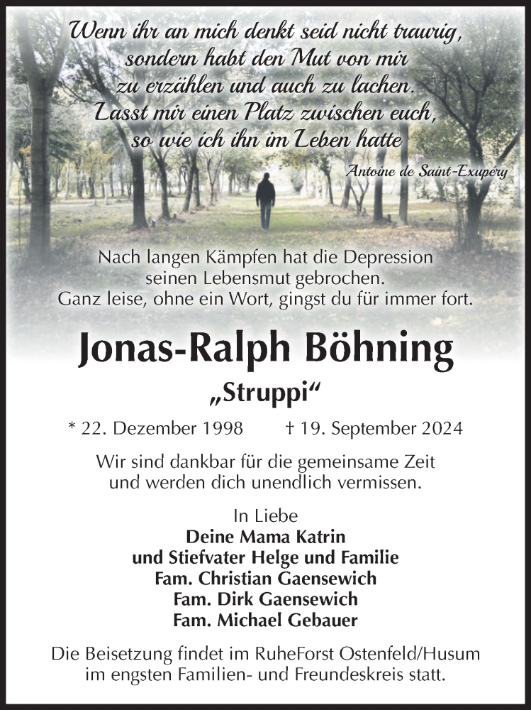  Traueranzeige für Jonas-Ralph Böhning vom 25.09.2024 aus Volksstimme Burg/Genthin