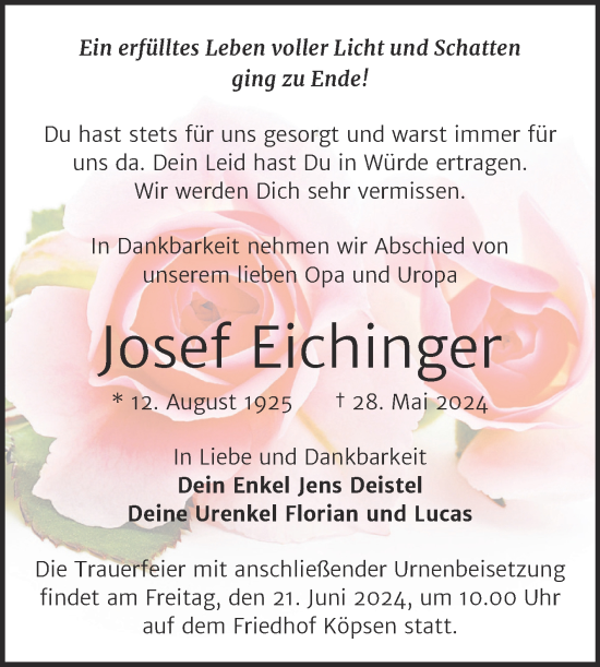 Traueranzeige von Josef Eichinger von Trauerkombi Weißenfels