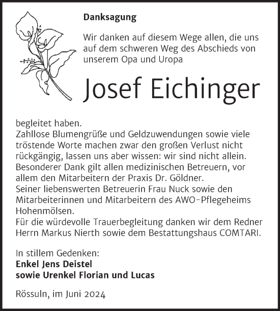 Traueranzeige von Josef Eichinger von Trauerkombi Weißenfels