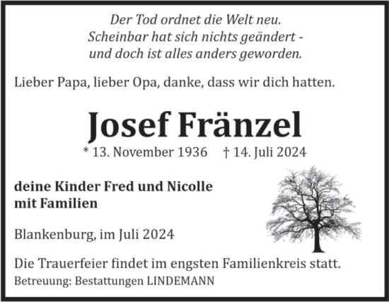 Traueranzeige von Josef Fränzel von Volksstimme Wernigerode