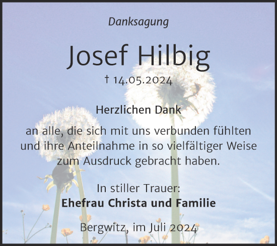 Traueranzeige von Josef Hilbig von Trauerkombi Wittenberg