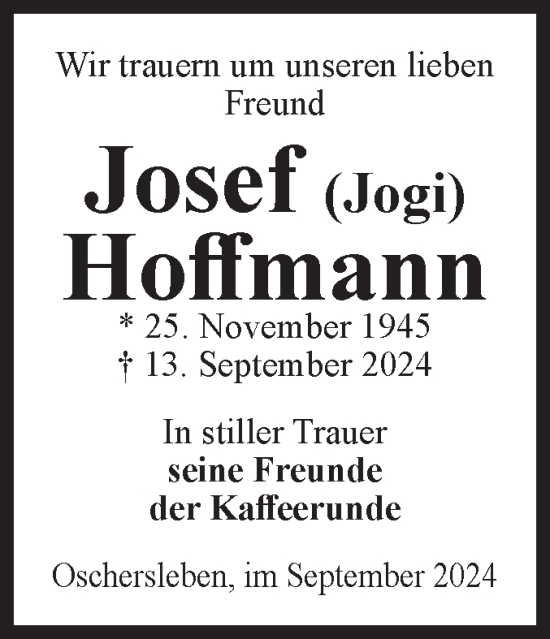 Traueranzeige von Josef Hoffmann von Volksstimme Oschersleben/Wanzleben