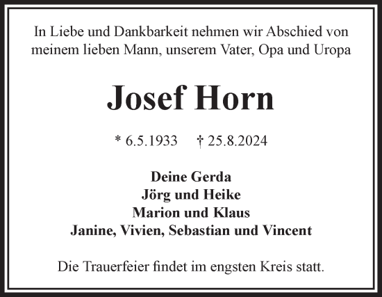 Traueranzeige von Josef Horn von Volksstimme Magdeburg