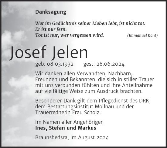 Traueranzeige von Josef Jelen von Trauerkombi Merseburg