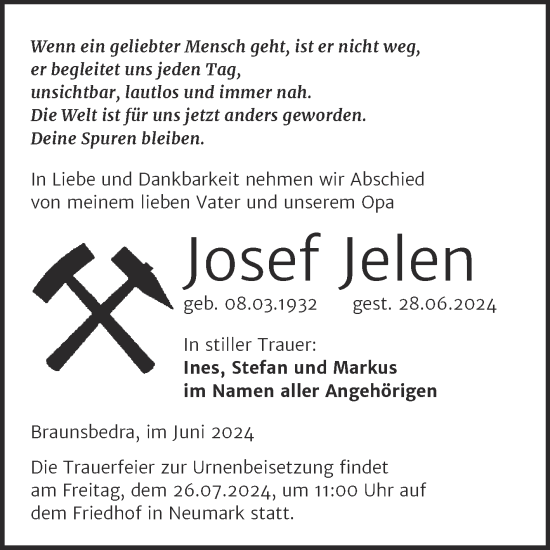 Traueranzeige von Josef Jelen von Trauerkombi Merseburg
