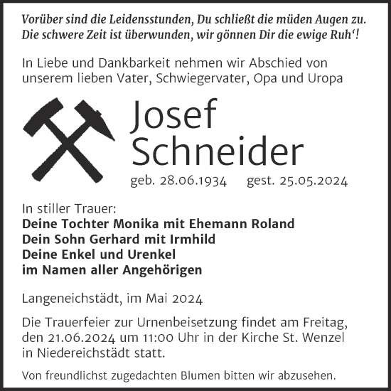 Traueranzeige von Josef Schneider von Trauerkombi Merseburg
