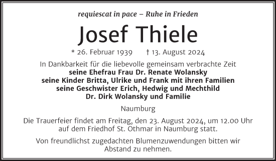 Traueranzeige von Josef Thiele von Naumburger Tageblatt