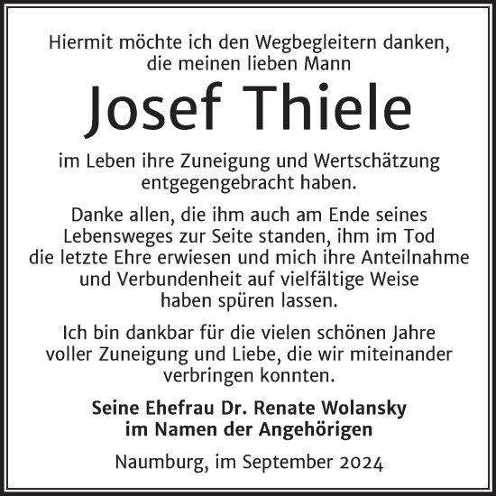 Traueranzeige von Josef Thiele von Naumburger Tageblatt