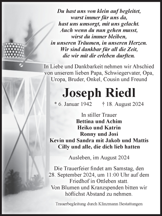 Traueranzeige von Joseph Riedl von Volksstimme Oschersleben/Wanzleben