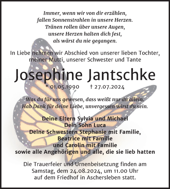 Traueranzeige von Josephine Jantschke von Trauerkombi Aschersleben
