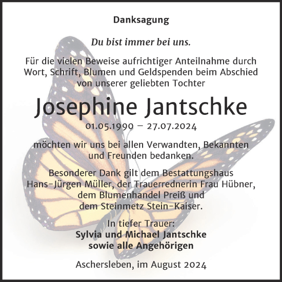 Traueranzeige von Josephine Jantschke von Trauerkombi Aschersleben
