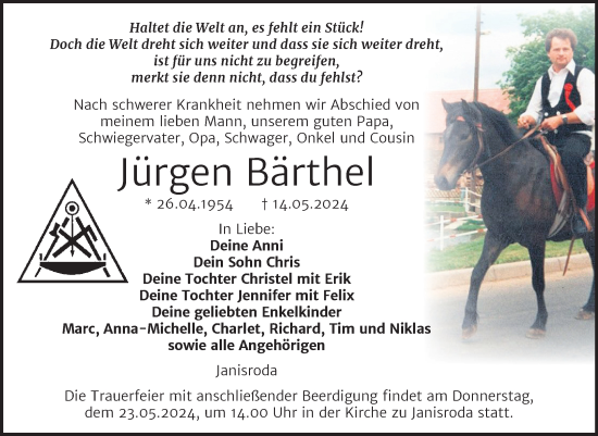 Traueranzeige von Jürgen Bärthel von Naumburger Tageblatt