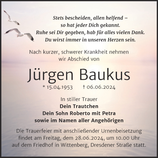 Traueranzeige von Jürgen Baukus von Trauerkombi Wittenberg