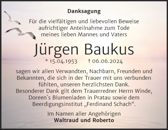 Traueranzeige von Jürgen Baukus von Trauerkombi Wittenberg