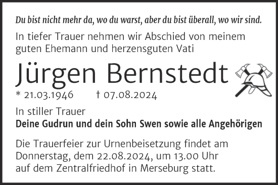 Traueranzeige von Jürgen Bernstedt von Trauerkombi Merseburg