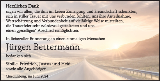 Traueranzeige von Jürgen Bettermann von Trauerkombi Quedlinburg