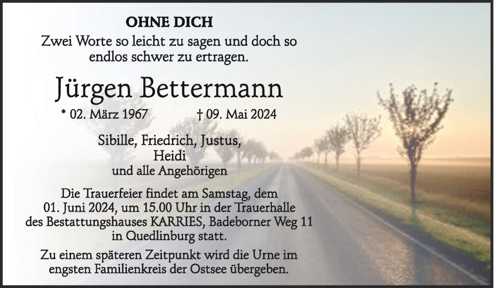  Traueranzeige für Jürgen Bettermann vom 18.05.2024 aus Trauerkombi Quedlinburg