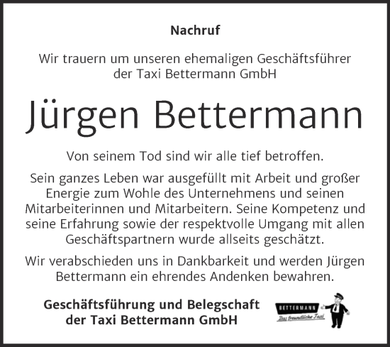 Traueranzeige von Jürgen Bettermann von Mitteldeutsche Zeitung Quedlingburg