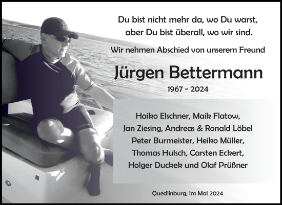 Traueranzeige von Jürgen Bettermann von Trauerkombi Quedlinburg