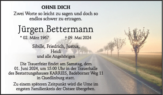 Traueranzeige von Jürgen Bettermann von Trauerkombi Quedlinburg