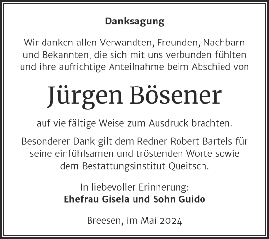 Traueranzeige von Jürgen Bösener von Trauerkombi Köthen