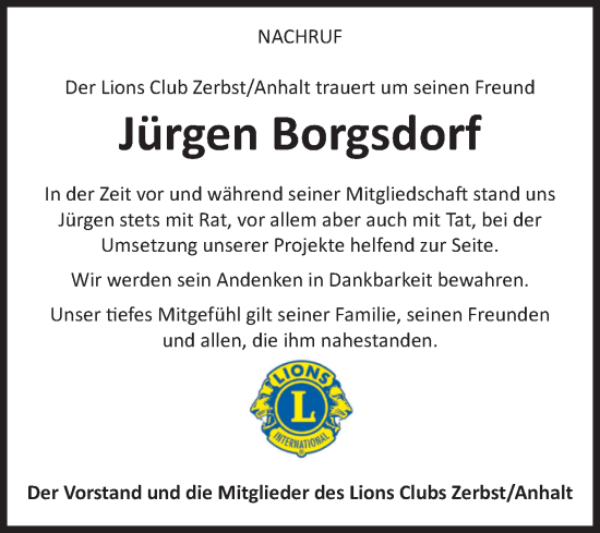 Traueranzeige von Jürgen Borgsdorf von Volksstimme Zerbst