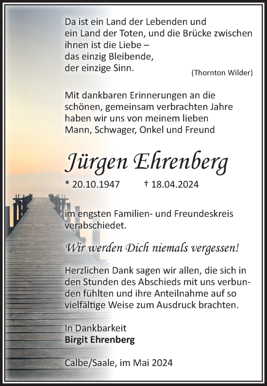 Traueranzeige von Jürgen Ehrenberg von Volksstimme Schönebeck