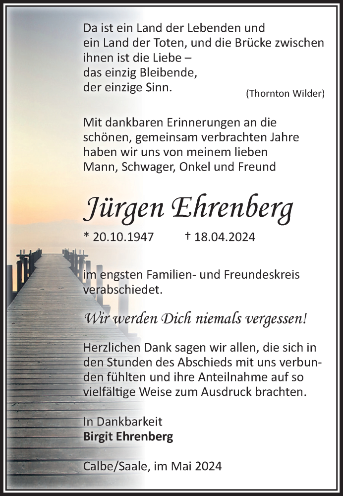  Traueranzeige für Jürgen Ehrenberg vom 25.05.2024 aus Volksstimme Schönebeck