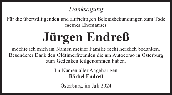 Traueranzeige von Jürgen Endreß von Volksstimme Altmark Ost