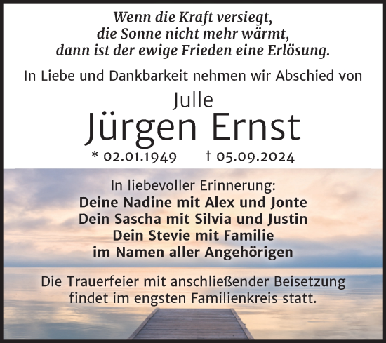 Traueranzeige von Jürgen Ernst von Trauerkombi Bitterfeld