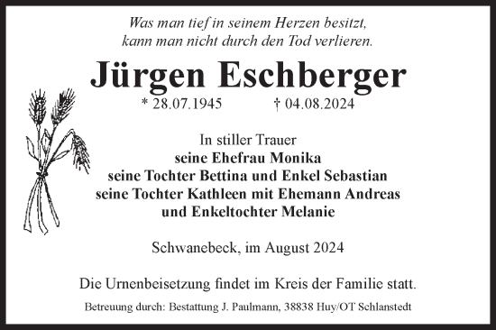 Traueranzeige von Jürgen Eschberger von Volksstimme Halberstadt
