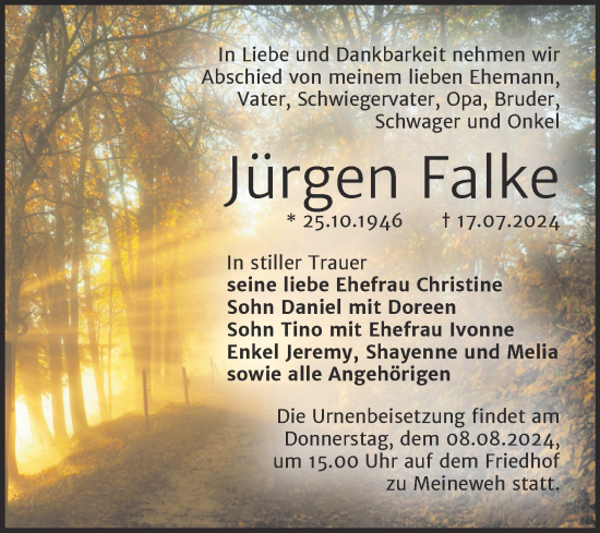 Traueranzeige von Jürgen Falke von Trauerkombi Zeitz