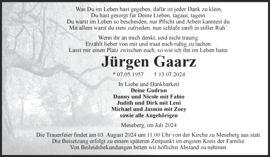 Traueranzeige von Jürgen Gaarz von Volksstimme Altmark Ost