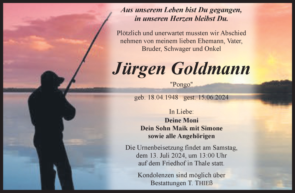  Traueranzeige für Jürgen Goldmann vom 22.06.2024 aus Trauerkombi Quedlinburg