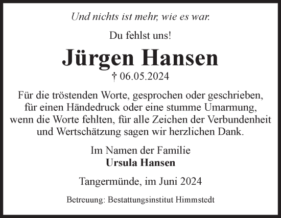 Traueranzeige von Jürgen Hansen von Volksstimme Altmark Ost