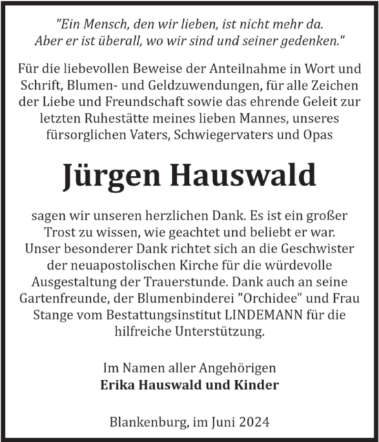 Traueranzeige von Jürgen Hauswald von Volksstimme Wernigerode