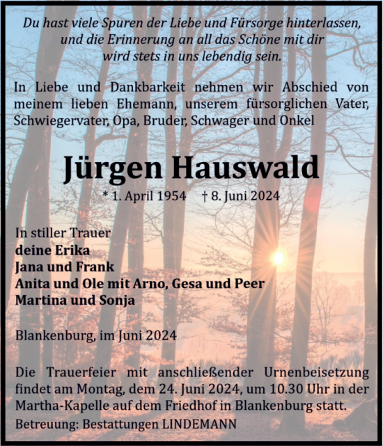 Traueranzeige von Jürgen Hauswald von Volksstimme Wernigerode