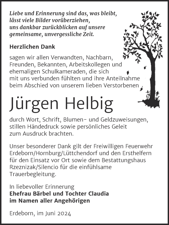 Traueranzeige von Jürgen Helbig von Trauerkombi Mansfelder Land