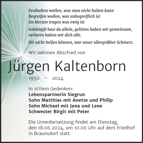 Traueranzeige von Jürgen Kaltenborn von Trauerkombi Merseburg