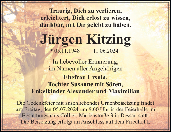 Traueranzeige von Jürgen Kitzing von Trauerkombi Dessau