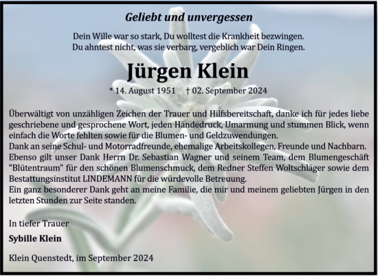 Traueranzeige von Jürgen Klein von Volksstimme Halberstadt