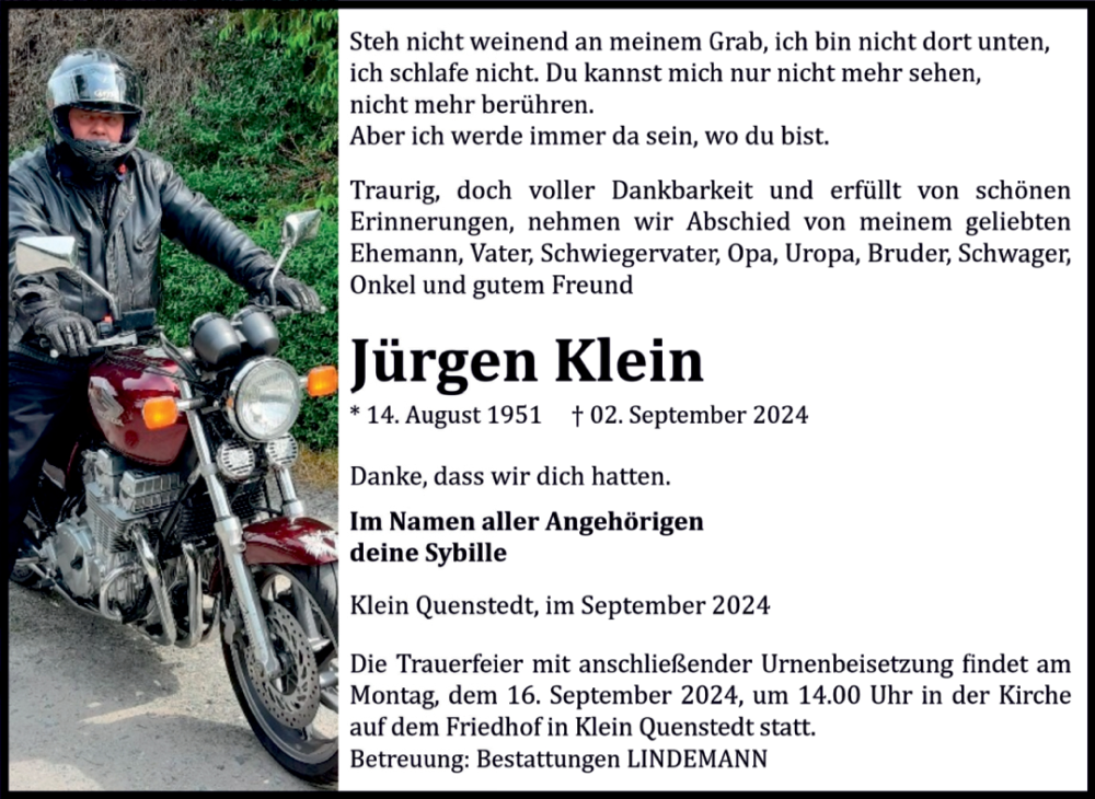 Traueranzeige für Jürgen Klein vom 07.09.2024 aus Volksstimme Halberstadt