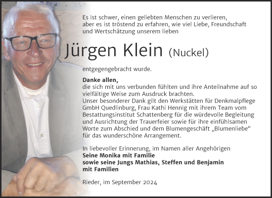 Traueranzeige von Jürgen Klein von Trauerkombi Quedlinburg