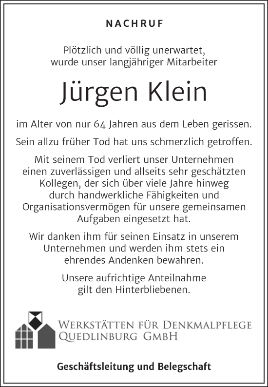 Traueranzeige von Jürgen Klein von Super Sonntag Quedlingburg