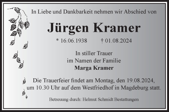 Traueranzeige von Jürgen Kramer von Volksstimme Magdeburg