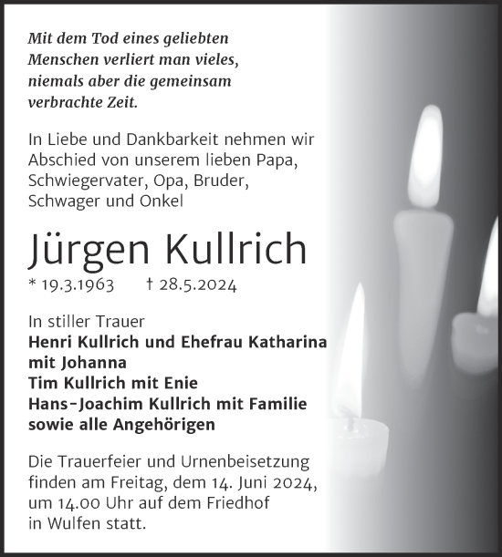 Traueranzeige von Jürgen Kullrich von Trauerkombi Köthen
