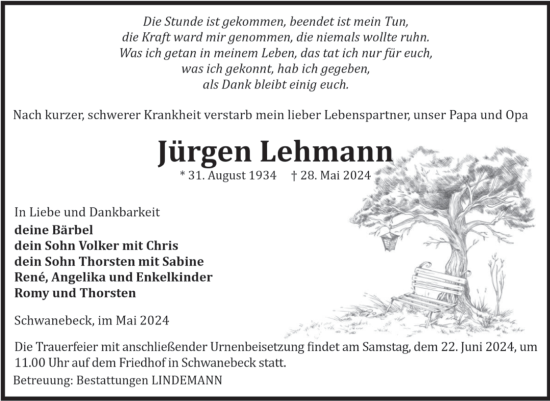 Traueranzeige von Jürgen Lehmann von Volksstimme Halberstadt