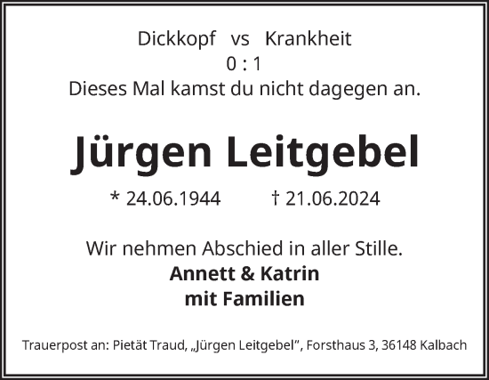 Traueranzeige von Jürgen Leitgebel von Volksstimme Altmark Ost